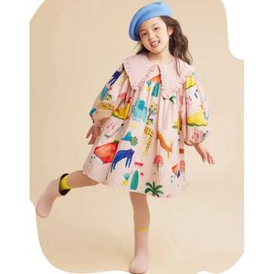 Flickans klänningar 2023 Spring Girls Long Sleeve Dress Toddler Baby Print Söta klänningar för Girls Peter Pan Collar Loose Princess Dress Clothing 6 8HKD230712