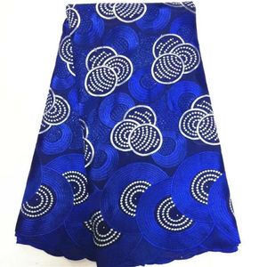 Tecido de algodão africano azul royal de 5 jardas e renda voile suíça bordada branca para roupas BC141-4265x