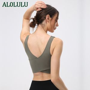 Al0lulu Yoga Women's Sports Bh Fitness Tube Top Gym Running Workout Crop Top Female Sock Proof Beatble Back Cross C2988