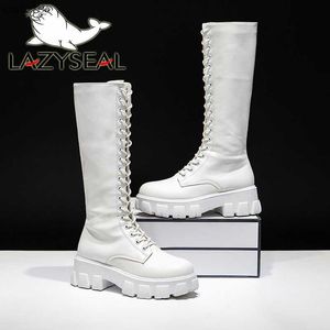 LazySeal Winter Long Boot Shoes Women White Lace Up Zip Height Increasing Pu Leather Shoes Plush Botas Mujer Big Size 43 L230704