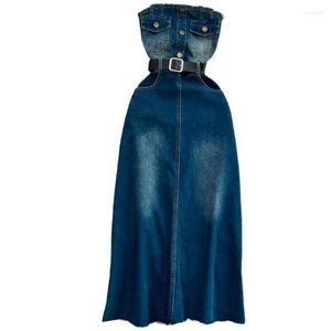 Abiti casual Primavera Estate Wrap Donna Abito senza spalline in denim Elegante vestibilità slim femminile a vita alta con spalle scoperte