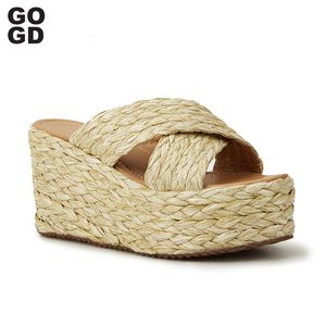 Sandália GOGD Marca Moda Feminina Plataforma Verão Cunha Casual Cane Straw Weave SlipOn Peep Toe Shoes Bohemian Style 230713