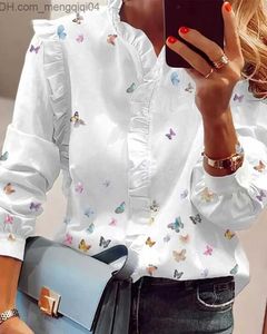 Polos femininos elegantes camisas femininas com estampa de borboleta na parte superior com babados decoração casual manga longa camisa rendada Z230713