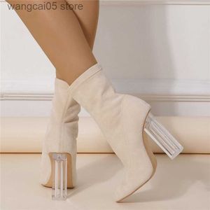 Сапоги Women Women 10 см. Высокие каблуки замшевые ботинки Lady Stripter Winter Block Clear Heels Короткие пинетки Прозрачные абрикосовые туфли T230713