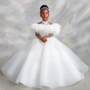 Luxurious Lace Beaded Flower Girl Dresses Ball Gown Sheer Neck Crystals Organza Lilttle Kids Birthday Pageant Weddding Gowns 2024new