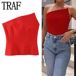 Kvinnors tankar Camis Traf Red Corset Top Woman Off Shoulder Tops For Women Bustier Asymmetric Crop Party Night Backless Lingerie Sexy 230713