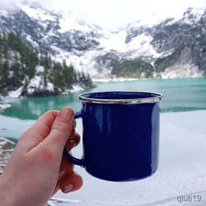 Muggar Portable Outdoor Simple Mug Travel Drinking Tea Milk Emamel Cup Handmiterade hemmakontor Cups Vintage Camping Vandring Mugs Bästa present R230713