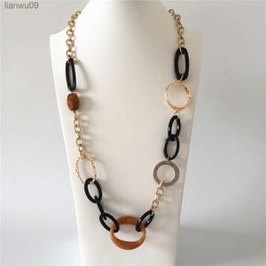 Casual Gold Color Plating Black Brown Acrylic Antique Metallic Linked Long Necklace For Women Office Modern Sweater Decorate L230704