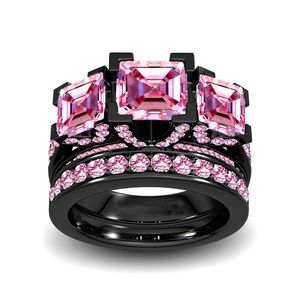 Wedding Rings Size 5-11 Luxury Jewelry Three Stone Princess Cut 8mm 5A Pink Cubic Zirconia CZ Party Women Wedding Bridal Lovers' Ring Set Gift 230713