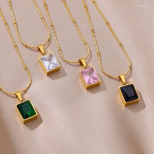 Pendant Necklaces Square Green Zircon Charms For Women Gold Color Stainless Steel Chain Necklace Aesthetic Wedding Jewelry Gift Collar