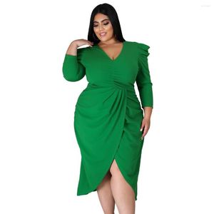 Abiti casual Abito verde irregolare per le donne Vesti Femme Autunno Abbigliamento Scollo a V Tinta unita Split Office Lady Midi Vestido Elegante nero