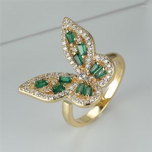 Bröllopsringar Söt fjäril Animal Ring Green Crystal White Zircon Engagement Vintage Gold Color Party for Women