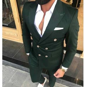 Men's Suits Dark Green Double Breasted Casual For Men With Peaked Lapel 2 Piece Slim Fit Wedding Groom Tuxedo Man Fashion Clothes