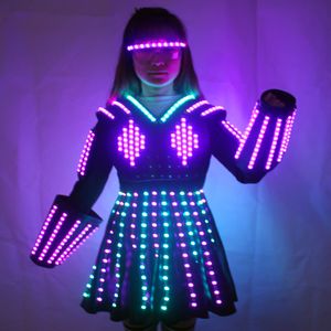 Andra evenemang Festmaterial LED Robot Kostym Kostym Laser Handske Canvas Mode Glödande Bröllopsklänning Kläder Lysande Huvudbonad Kort kjol Kostym 230712