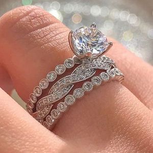 Huitan 3Pcs Set Women Rings Silver Color for Wedding Modern Design Sparkling Cubic Zirconia Accessories Newly Jewelry Rings Set