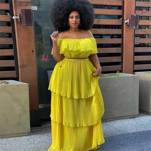 2023 Autumn/Winter Dress Yellow Chiffon Off Shoulder Slim Fit Beach Vacation Pleated Long Dress2ht9pi49