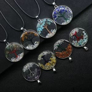 Crystal Tiger Eye Natural Stone Tree of Life Necklace Round Glass Terrarium Pendant Necklaces for Women Children Fashion Jewelry