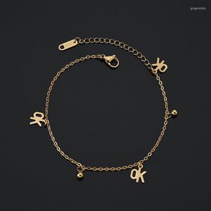 anklets 1PCS OKレターステンレス鋼ビーズアンクレットサマービーチアンクルブレスレットフットチェーンジュエリー