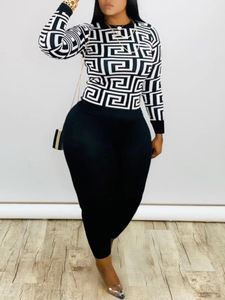 Badkläder LW Plus Size rund hals Geometriska tryckbyxor Sätt kvinnlig polyester Casual Lång ärm Oneck Matchande kläder för kvinnor