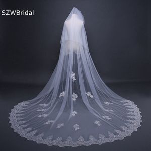 Wedding Hair Jewelry Arrival Ivory Cathedral Wedding Veil Two Layers Appliques Lace Bridal veils Voile Slub Velo novia Sexy Weeding accessoire 230713