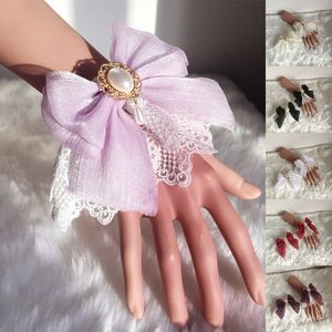 Five Fingers Gloves Sweet Lolita Lace Bow Hand Sleeve Double Layer Floral Lace False Wrist Cuffs Bracelet Cosplay Girl Party Hand Sleeves 230712