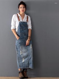 Casual Dresses Women Loose Denim Dress Ladies Bleached Holes Female Spaghetti Strap Ripped Vintage