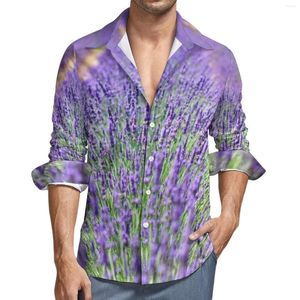 Camisas casuais masculinas Fields Of Lavender Shirt Spring Purple Flowers Print Men Trendy Blouses Manga Longa Padrão Harajuku Top Plus Size