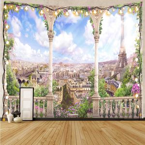 Tapisserier Cherry Blossom Path Tapestry Park Bench Garden Stone Wall Landscape Bohemian Tapestry Tapiz Hippie Room Decoration