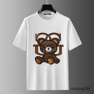 Kort ärm Mäns tecknad Little Bear Patch broderi unisex dubbelsträng bomull lös axel droppe t-shirt herrhalva ärm