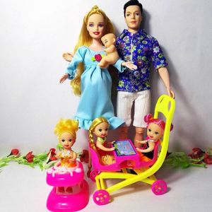 Dolls Girls Toys Family 6 People Suits 1 Mom1 Dad3 Little Kelly Baby Son1 Walker1 Carriage for Pregnant 230712