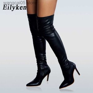 Boots Eilyken Fashion Winter Over The Knee Women Boots PU Leather Pointed Toe ZIP Female Nightclub Sexy High Heels Sock Shoes Size 42 T230713