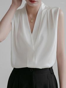 Blusas Femininas No Verão Top Solto Elegante Elegante Decote em V Simples Comutador Cetim Sem Mangas Terno Com Camisa Chiffon Dentro