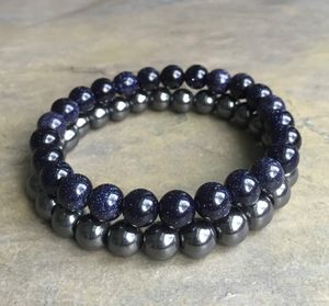 Bracciale in ematite da 8 mm con pietra d'oro blu da 8 mm Bracciale con pietre preziose elastiche con perline di pietre preziose Regali