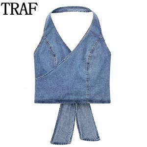 Women's Tanks Camis TRAF Womens Top Denim Crop Top Women Off Shoulder Blue Halter Top Streetwear Backless Sexy Tops Woman Party Night Jeans Tops 230712