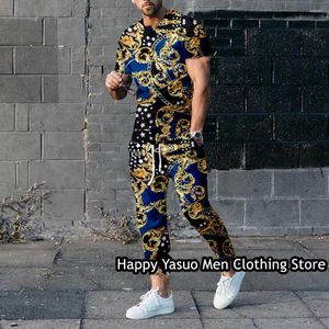 Men's Tracksuits Luxury Summer Men Trousers Set T-shirt Outfit Retro Tracksuit 2 Pieces Casual Jogging Suit Male Fashion Clothing Gold Print