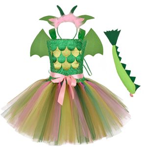 Girl's Dresses Green Kids Girls Dinosaur Cosplay Dresses Birthday Party Tutu Dresses for Baby Cartoon Princess Girls Costumes Set for HalloweenHKD230712