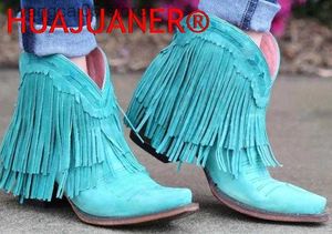 Stövlar 2023 Kvinnor Midkalv låg häl Böhmen Motorcykelstövlar fransade cowboyskor Skor Spring Autumn Tassel Women Boots Botas Mujer T230713