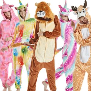 Vuxens flanell kigurumi tiger unicorn lejon sika hjort räv pyjamas unisex onesie costume för halloween carnival nyår parti260k