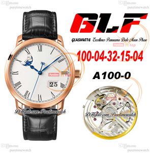 GLF Mükemmellik Panorama Tarih Ay Faz A100-0 Otomatik Erkekler İzle Gül Altın Beyaz Roman Dial Siyah Deri Süper Versiyon Baskı Herrenuhr Reloj hombre Puretime B2