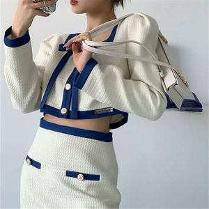 Ladies' long sleeve high waist tweed bow square collar color matching splicing woolen coat and desinger skirt two-piece suit SML