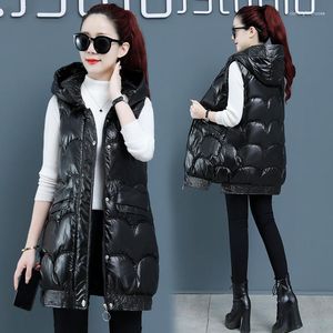 Jaquetas femininas colete com capuz brilhante comprimento médio inverno para baixo casaco de algodão feminino moda coreana jaqueta sem mangas feminino solto colete tendência