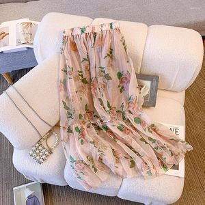 Saias Femininas Chiffon Rosa Fragmentadas Padrões de Flores Saia Verão Elegante Elástica Cintura Alta Retro Linha A Comprimento Médio Feminino