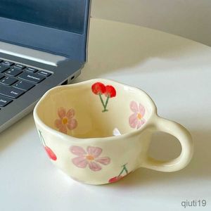Mugs Ceramic Mugs Coffee Cups Hand Pinched Irregular Flower Milk Tea Cup Ins Korean Style Oatmeal Breakfast Mug Drinkware Kitchen R230713