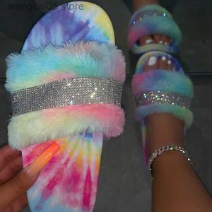 Slippers 2020 Sandal Women Rhinestone Furry Slides Kaii Slippers Faux Fur Flurry Slides Glitter Bling Rainbow Shoes Cute Plush Jelly T230713