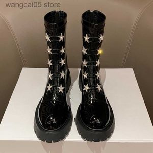 Bot ayak bileği botları kadın patent deri kadife içinde yıldız rhinestone tasarımcı ayakkabı kadınlar için fermuar kalın taban orta tüp modern botlar t230713