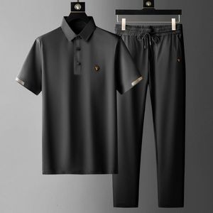 Erkeklerin eşofmanları siyah yaz setleri koyu mavi ince hızlı kurutma takım elbise polo gömlek elastik gevşek pantolon moda 2 adet set 230713