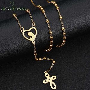 Nextvance rostfritt stål Välsignade jungfruliga Mary Cross Heart Halsband Amulet Pendant Bead Chain Women Jewelry Bijoux Wholesale L230704