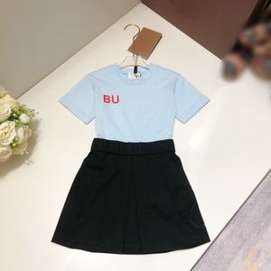 Girls Dresses Kids Plaid Short Sleeve Clothes Sets Striped Designer Pleated tshirts Skirt Children Youth Casual Clothing Big Toddler T-shirts White Blue Black Tops