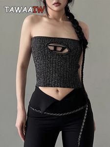 Womens Tanks Camis Tawaaiw Sexy Hollow Out Slim Cropped Feminino Canotta senza maniche Donna Summer Knitted Crop Femme Corset Tube Y2k 230713