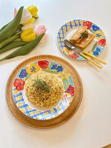 Plakalar Fransız INS Yağlı Boya Stili Retro El Boyandırmış Çiçek Makarna Yemek Seramik Tabak Derin Batı Meyve Tatlısı